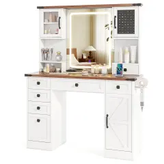 Farmhouse Vanity Desk with Lighted Mirror and 3 Doors-White