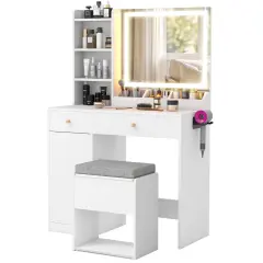 Vanity Set with 3-Color Adjustable Lights, Storage, Charging Ports and Stool White