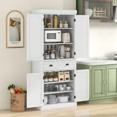 Freestanding Tall Kitchen Cabinet with 3-Position Adjustable Shelves and Large Capacity Drawer White