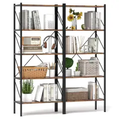 Costway 1/2 PCS 5-Tier Bookshelf, Industrial Tall Bookcase with Open Storage Shelves & Metal Frame Brown