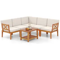 6 Pieces Wooden Patio Conversation Furniture Set with 2-Tier Rectangular Coffee Table