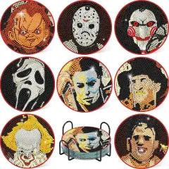 8 Pcs Diamond Paintings Coasters Kits with Holder, DIY Halloween Coaster