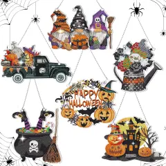 6 Pcs Halloween Diamond Painting Hanging Sign Set