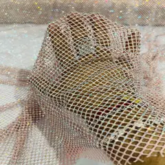 1 Yard Sparkly AB Rhinestone Fishnet Fabric Stretch Mesh for Costumes, D&eacute;cor, and Apparel Blush Pink Iridecent