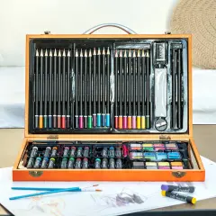 MAHITOI US 80+Piece Deluxe Artist Studio Creativity Set Wood Box Case - Art Painting, Sketching Drawing Set, 24 Watercolor Paint Colors, 24 Oil Pastels, 24 Colored Pencils, 2 Brushes, Starter Kit