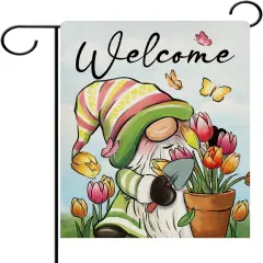 Welcome Spring Gnome Decorative Garden Flag, Tulip Flower Pot Yard Outside Home Decorations, Seasonal Butterfly Burlap Outdoor