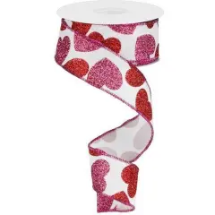 1.5" Bold Glitter Hearts Royal Ribbon: White (10 Yards)