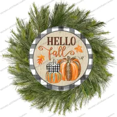 Hello Fall Leopard Pumpkins Black Plaid Sign