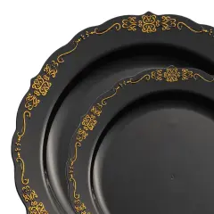 Black with Gold Vintage Rim Round Disposable Plastic Dinnerware Value Set (120 Guests)
