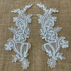 1 Pair Beaded & Corded Floral Lace Applique 9" x 2.5" Each Side Silver