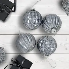 Northlight Geometric Glittered Shiny Glass Ball Christmas Ornaments - 3" (80mm) - Pewter- 4ct Silver