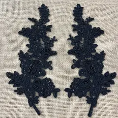 1 Pair Beaded & Corded Floral Lace Applique 100% Polyester Net Mesh 12" X 3.5" Each Side Black Color