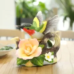 Ceramic Hummingbird with Rose Flower Teapot Figurine, Home D&eacute;cor, Gift for Her, Mom, Kitchen D&eacute;cor, Birdwatcher Gift, Vintage Decor