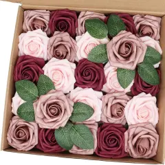 Artificial Flowers 25PCS Real Looking Blush & Dusty Rose & Burgundy Fake Roses