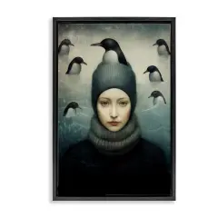 Stupell Industries Peeking Penguins & Woman Framed Floater Canvas Wall Art Design by Paula Belle Flores