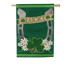 St Patricks Lucky Horseshoe Flag 2 Sided Burlap