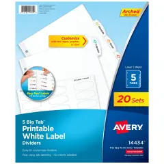 Avery Big Tab Printable White Label Dividers, 5-Tab with Easy Peel Labels, Dividers for 3 Ring Binders, 20 Sets (14434)