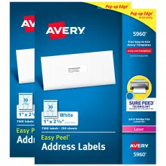 Avery Easy Peel Printable Address Labels with Sure Feed, 1" x 2-5/8" Customizable Stickers, White, 7,500 Blank Mailing Labels, Great for Mailing, Shipping, and More (5960) - 2 Pack