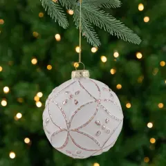 Northlight Embossed Floral Matte Glass Christmas Ball Ornament - 3.75" (95mm) - White and Rose Gold