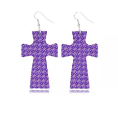 Glitter Marble Cross PU Leather Boho Dangle Earrings Purple