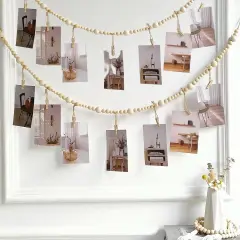 2PCS Hanging Photo Display Wall Decor, Boho Wooden Bead Garland Photo