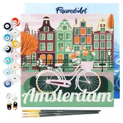 Figured'Art Mini Paint by Numbers Kit for Adults with Frame Travel Poster Amsterdam Small format 8"x8" - Craft Art Painting DIY Canvas Already Stretched on a Wooden Frame