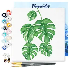 Figured'Art Mini Paint by Numbers Kit for Adults with Frame Monstera Leaves Small format 8"x8" - Craft Art Painting DIY Canvas Already Stretched on a Wooden Frame