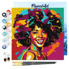 Figured'Art Mini Paint by Numbers Kit for Adults with Frame African American Beauty Pop Art Small format 8"x8" - Craft Art Painting DIY Canvas Already Stretched on a Wooden Frame