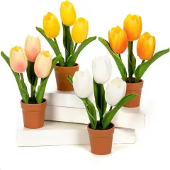 Artificial Tulip Arrangement with Terracotta-Like Plastic Pot 8 Inch Small Tulip Centerpieces Fake Potted Flowers for Shelf Table Centerpiece Wedding Home Decor