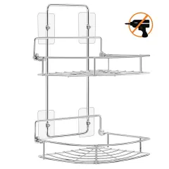 Bathroom Corner Two-Level Wall-Mounted Storage Shelf, Stainless Steel Without Drilling