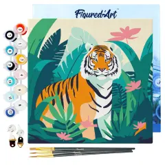 Figured'Art Mini Paint by Numbers Kit for Adults with Frame Tropical Bengal Tiger Small format 8"x8" - Craft Art Painting DIY Canvas Already Stretched on a Wooden Frame