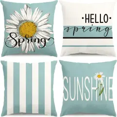 Spring Pillow Covers 18x18 Teal Spring Summer Decorations Hello Spring White Daisy Throw Pillow Covers Summer Sunshine Farmhouse Cushion Case for Sofa Couch Set of 4