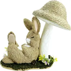 9.6" Sisal Easter Bunny Under Mushroom &ndash; Rustic Spring Decor