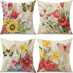 Throw Pillow Covers 16x16 Set of 4 Decorative Spring Pillow Covers Linen Flower Butterfly Farmhouse Pillowcases for Sofa Couch Living Room Outdoor (16" x 16")