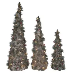 Christmas Cone Trees with Greenery Pre-Lit - Set of 3