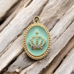 16x19mm Gold Plated Enamel Rhinestone Crown Charms -- Choose Your Color Green (1032)