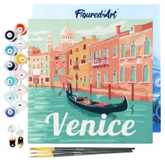 Figured'Art Mini Paint by Numbers Kit for Adults with Frame Travel Poster Venice Small format 8"x8" - Craft Art Painting DIY Canvas Already Stretched on a Wooden Frame