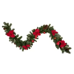 Northlight 6' x 9" Red Pre-Decorated Poinsettia and Pine Cone Artificial Christmas Garland - Unlit Green