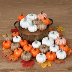 80Pcs Artificial Pumpkins Maple Harvest Fall Decoration, 30Pcs Fall Pumpkins and 50Pcs Maple Leaves for Autumn Thanksgiving Harvest Home Decor