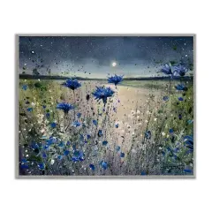 Stupell Industries Blooming Blue Flowers Night Moon Framed Giclee Art Gray Frame