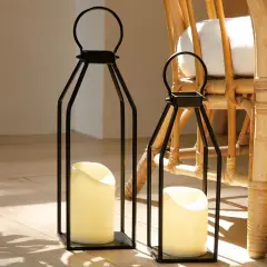 Modern Farmhouse Lantern Decor, 15'' 13'' Set of 2 Black Metal Lanterns, 2 LED 6hr Timer Flickering Flameless Candles, Lanterns Decorative for Outdoor Decor