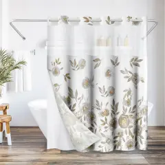 Americanflat 72x75 Hookless Shower Curtain - Floral Gold Grey Shower Curtain with Sheer Panel, Snap-In Liner, and Grommets - 100% Polyester