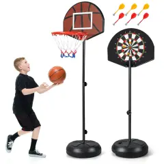 Adjustable 2-in-1 Kids Basketball Hoop & Dartboard Set &ndash; Black Metal Stand with Stable Base, Ages 8+