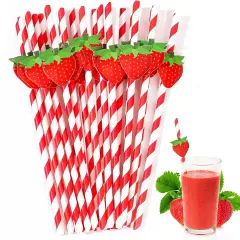 Strawberry Straws, 30 Pack Disposable Drinking Straws Cute Paper Straws with Stripes for Juice, Cocktail, Milkshake, Baby Shower Strawberry Birthday Decorations Strawberry Party Favors - 7.76 Inches