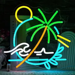 Palm Tree Neon Sign &ndash; Sea Wave LED Light Circle for Wall D&eacute;cor, Plant Neon Light for Bedroom, Living Room, Men&rsquo;s Cave, Bar, Hotel & Restaurant