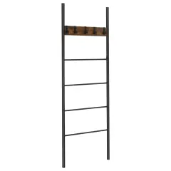 Black Wall-Leaning Decorative Blanket Holder with 5 Removable Hooks and Ladder Shelf