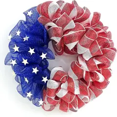 26 Inch Mesh Patriotic Front Door Wreath, 4th July Independence Day Wreath America Patriotic Flag Burlap Farmhouse Decor, Memorial Day Americana Summer Front Window Hanging Decor