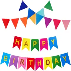 Colorful Happy Birthday Banner with 12pcs Pennant Banner Flags, Rainbow Happy Birthday Sign with Shiny Gold Letters, Party Decorations for Boys Girls, DIY Party Supplies (Multi-color)