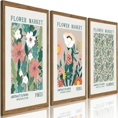 Summer Wood Framed Flower Market Canvas Wall Decor Set of 3, Vintage Colorful Floral Pictures, Abstract Botanical Aesthetic Paintings Prints for Bedroom, Living Room, Office, 12x16 Inch