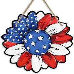 4th of July Sunflower Front Door Sign, Patriotic America Flower Wood Door Hanger Outdoor Outside Porch Decor,